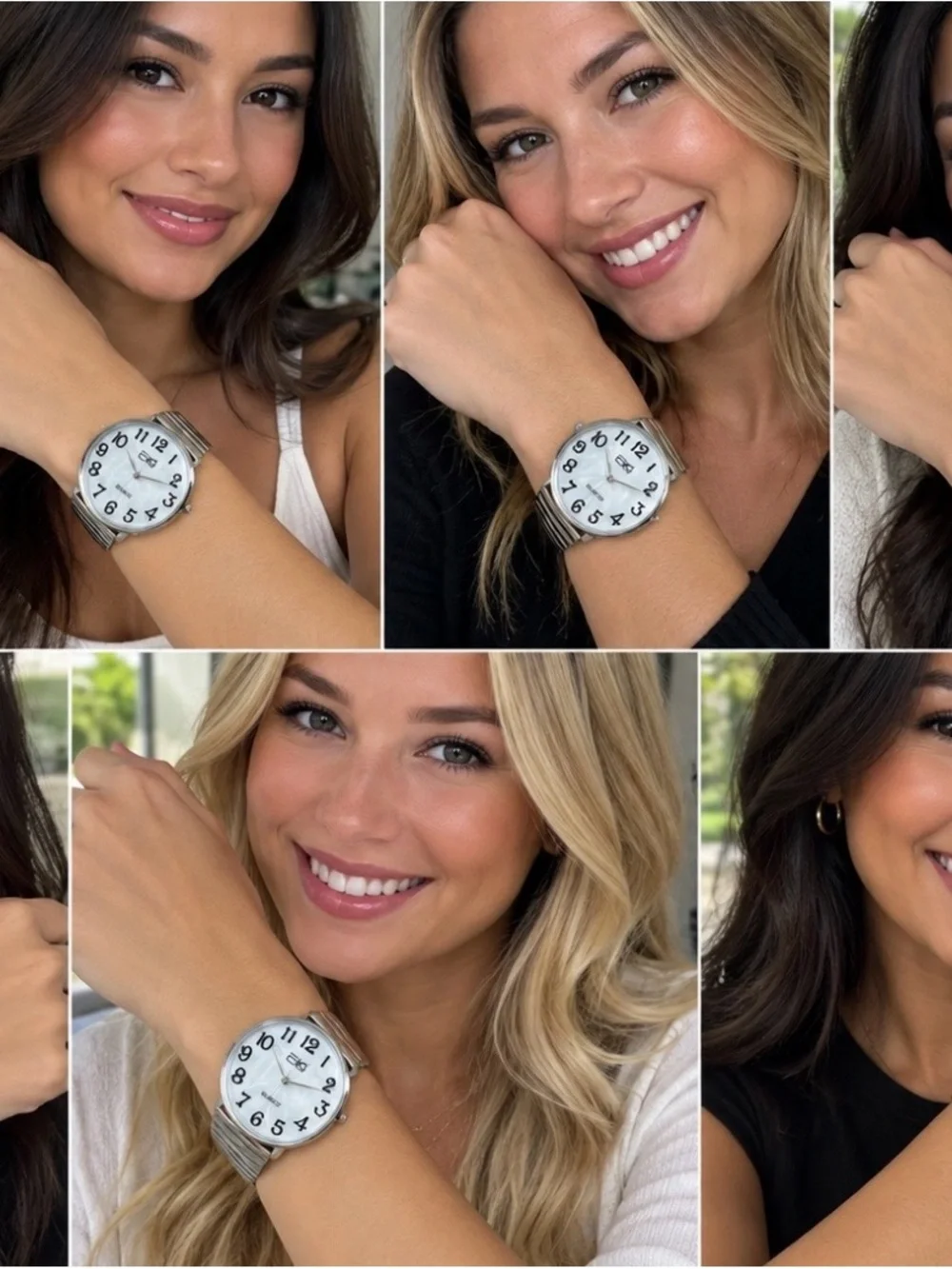 Easy to read numbers on a pearlescent face new unisex silver stretch band watch